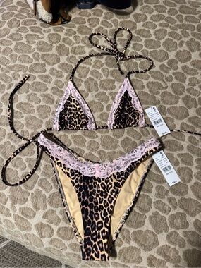 PacSun Leopard Print Bikini with Pink Lace Trim